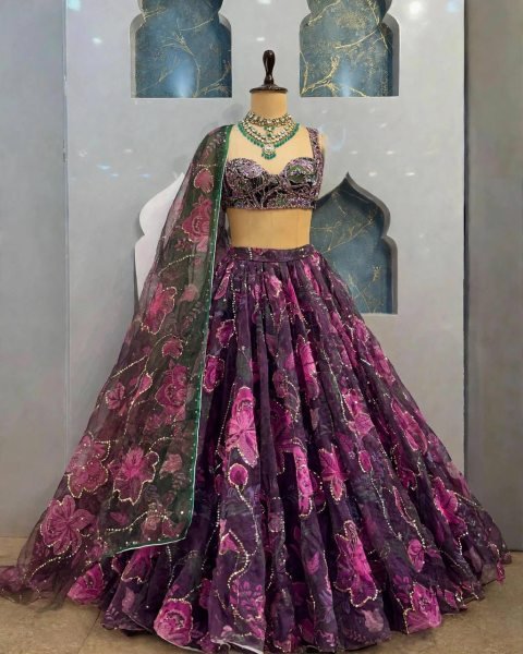 Contemporary Purple Tabby Silk Digital Printed Lehenga Choli with Figure Sequin Work Designer Lehenga Choli