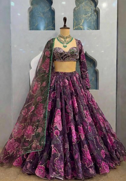 Contemporary Purple Tabby Silk Digital Printed Lehenga Choli with Figure Sequin Work Designer Lehenga Choli