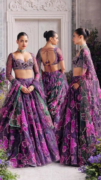 Contemporary Purple Tabby Silk Digital Printed Lehenga Choli with Figure Sequin Work Designer Lehenga Choli