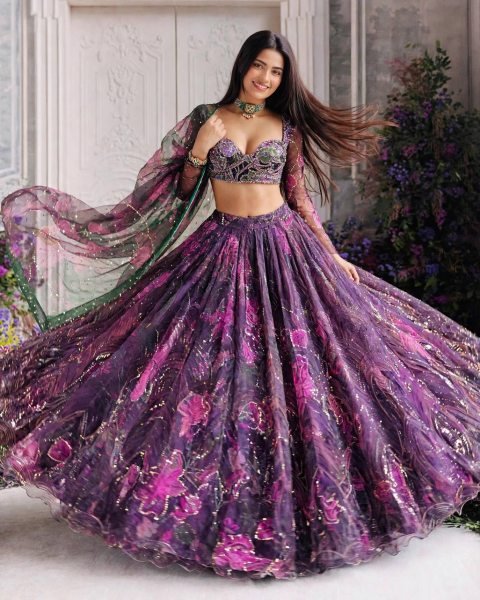 Contemporary Purple Tabby Silk Digital Printed Lehenga Choli with Figure Sequin Work Designer Lehenga Choli