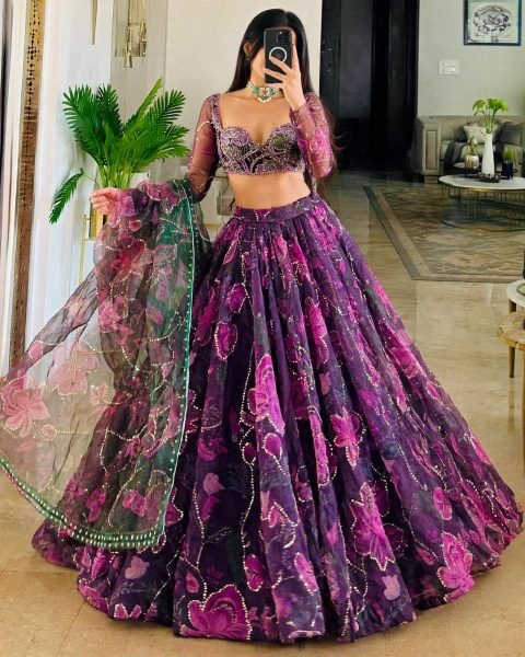 Contemporary Purple Tabby Silk Digital Printed Lehenga Choli with Figure Sequin Work Designer Lehenga Choli