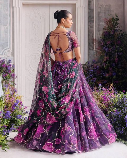 Contemporary Purple Tabby Silk Digital Printed Lehenga Choli with Figure Sequin Work Designer Lehenga Choli