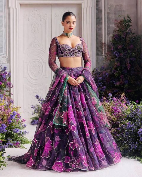 Contemporary Purple Tabby Silk Digital Printed Lehenga Choli with Figure Sequin Work Designer Lehenga Choli