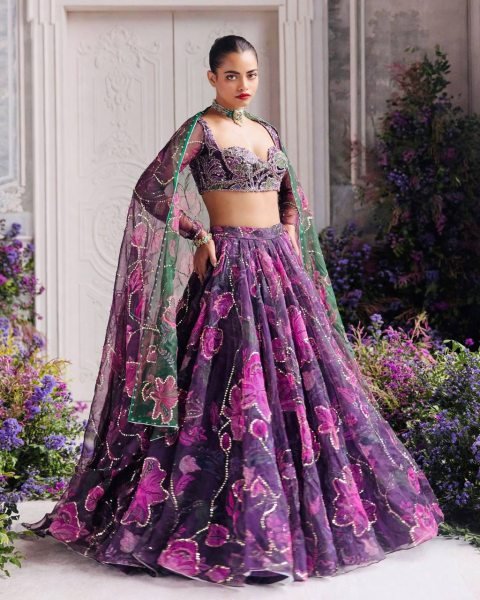 Contemporary Purple Tabby Silk Digital Printed Lehenga Choli with Figure Sequin Work Designer Lehenga Choli