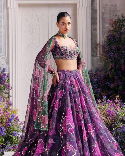 Contemporary Purple Tabby Silk Digital Printed Lehenga Choli with Figure Sequin Work Designer Lehenga Choli