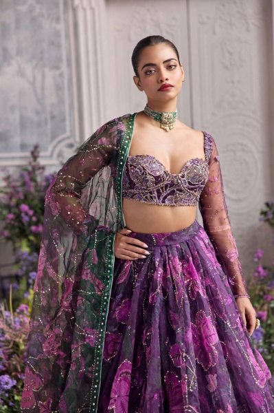 Contemporary Purple Tabby Silk Digital Printed Lehenga Choli with Figure Sequin Work Designer Lehenga Choli