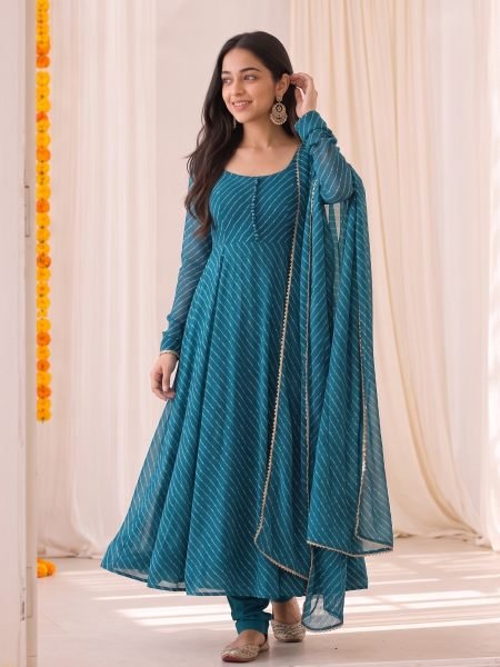 Contemporary Rama Georgette Anarkali Set with Heavy Crepe Inner and Crepe Bottom 