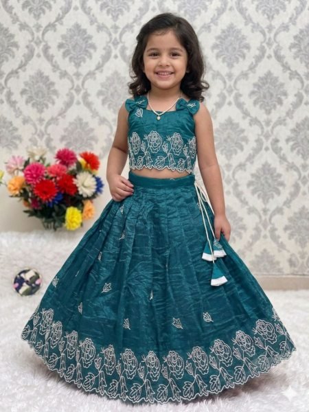 Contemporary Rama Girls Lehenga Choli with Cutwork Border and Sleeveless Blouse Kurtis