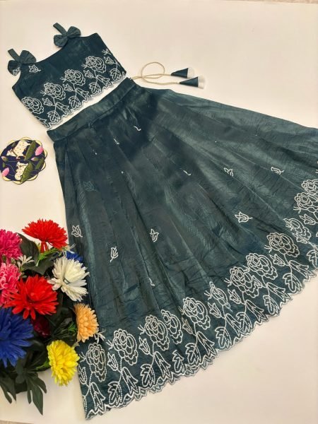 Contemporary Rama Girls Lehenga Choli with Cutwork Border and Sleeveless Blouse Girls Wear
