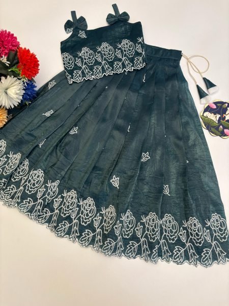 Contemporary Rama Girls Lehenga Choli with Cutwork Border and Sleeveless Blouse Girls Wear