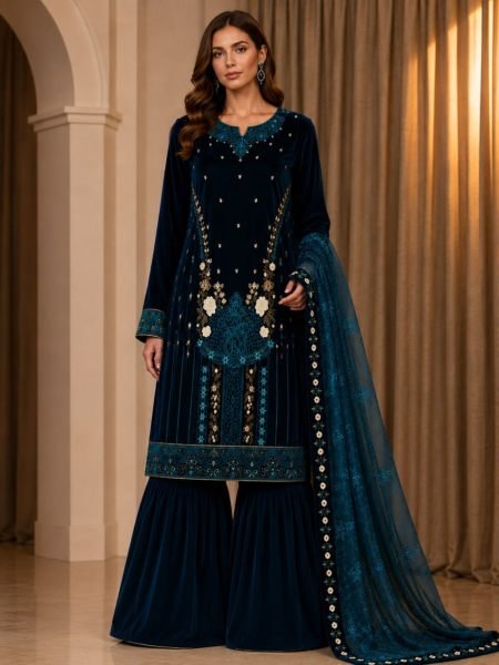Contemporary Rama Velvet Top Palazzo Dupatta Set with Heavy Embroidery Sequins Work 