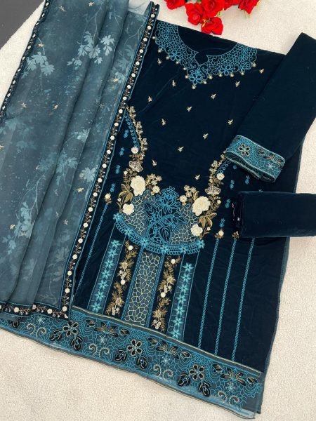 Contemporary Rama Velvet Top Palazzo Dupatta Set with Heavy Embroidery Sequins Work Sharara Set