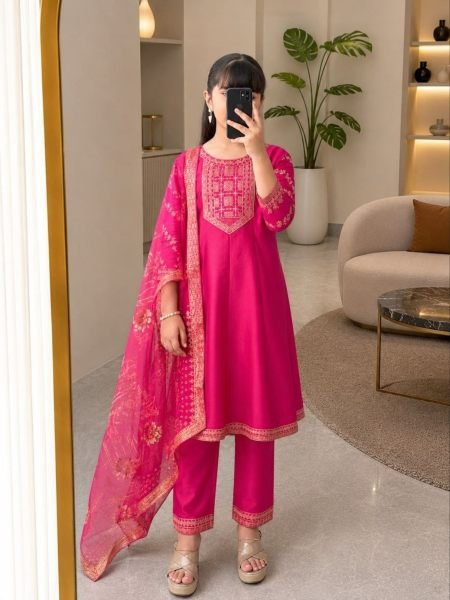 Contemporary Rani Pink Girls Festive Wear 3 Piece Anarkali Set with Embroidery Work 