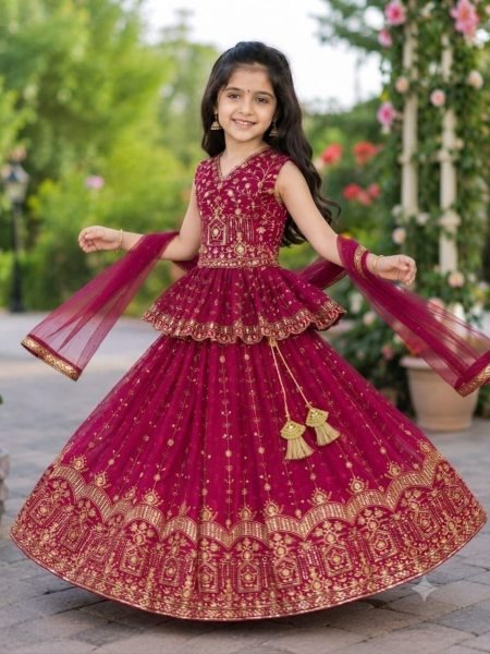 Contemporary Rani Pink Girls Georgette Peplum Lehenga Choli with Heavy Embroidery Work 