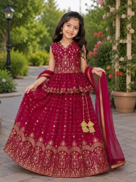 Contemporary Rani Pink Girls Georgette Peplum Lehenga Choli with Heavy Embroidery Work Girls Wear