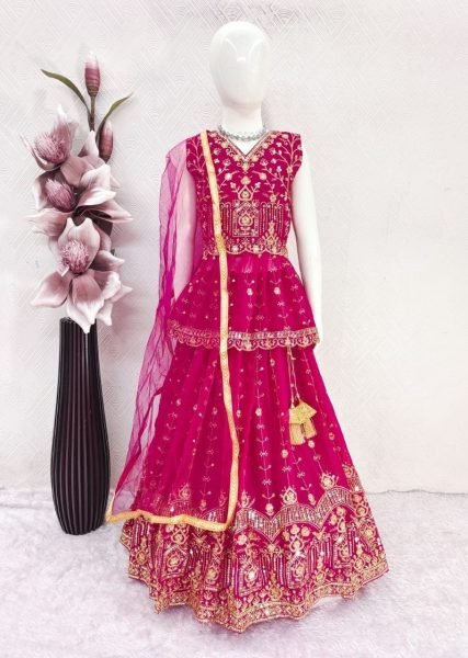 Contemporary Rani Pink Girls Georgette Peplum Lehenga Choli with Heavy Embroidery Work Girls Wear