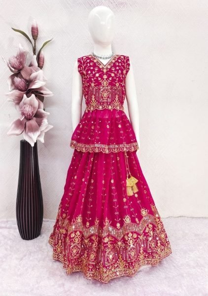 Contemporary Rani Pink Girls Georgette Peplum Lehenga Choli with Heavy Embroidery Work Girls Wear