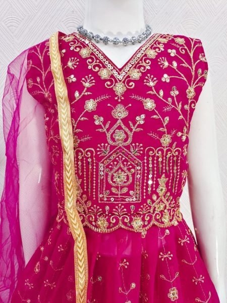 Contemporary Rani Pink Girls Georgette Peplum Lehenga Choli with Heavy Embroidery Work Girls Wear