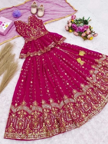 Contemporary Rani Pink Girls Georgette Peplum Lehenga Choli with Heavy Embroidery Work Girls Wear