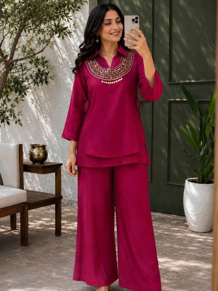 Contemporary Rani Pink Party Wear Gold Crush Kurti Palazzo Set with Beads Work Ready To Wear Suit