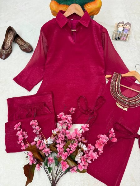 Contemporary Rani Pink Party Wear Gold Crush Kurti Palazzo Set with Beads Work Ready To Wear Collection