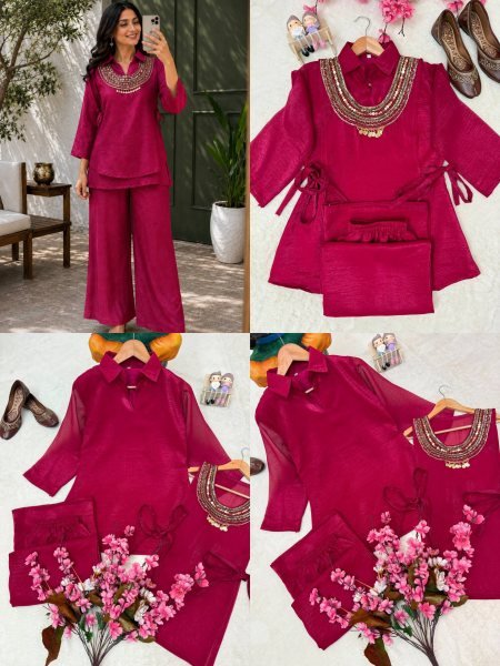 Contemporary Rani Pink Party Wear Gold Crush Kurti Palazzo Set with Beads Work Ready To Wear Collection