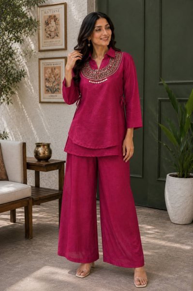 Contemporary Rani Pink Party Wear Gold Crush Kurti Palazzo Set with Beads Work Ready To Wear Collection