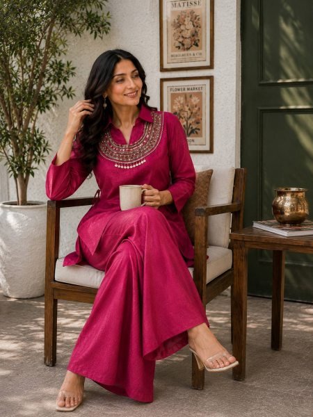 Contemporary Rani Pink Party Wear Gold Crush Kurti Palazzo Set with Beads Work Ready To Wear Collection