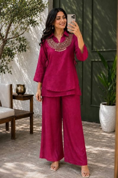 Contemporary Rani Pink Party Wear Gold Crush Kurti Palazzo Set with Beads Work Ready To Wear Collection