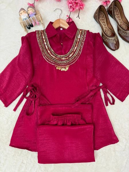 Contemporary Rani Pink Party Wear Gold Crush Kurti Palazzo Set with Beads Work Ready To Wear Collection