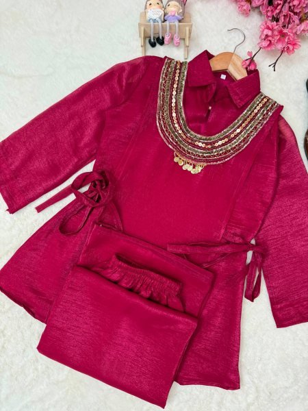 Contemporary Rani Pink Party Wear Gold Crush Kurti Palazzo Set with Beads Work Ready To Wear Collection