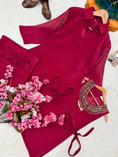 Contemporary Rani Pink Party Wear Gold Crush Kurti Palazzo Set with Beads Work Ready To Wear Collection