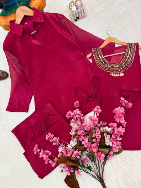 Contemporary Rani Pink Party Wear Gold Crush Kurti Palazzo Set with Beads Work Ready To Wear Collection