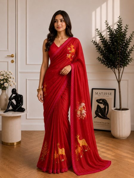 Contemporary Red Boutique Style Soft Chinon Saree with Premium Digital Print Design Sarees 