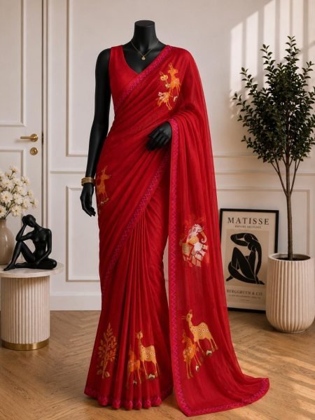 Contemporary Red Boutique Style Soft Chinon Saree with Premium Digital Print Design Silk Sarees Wholesale