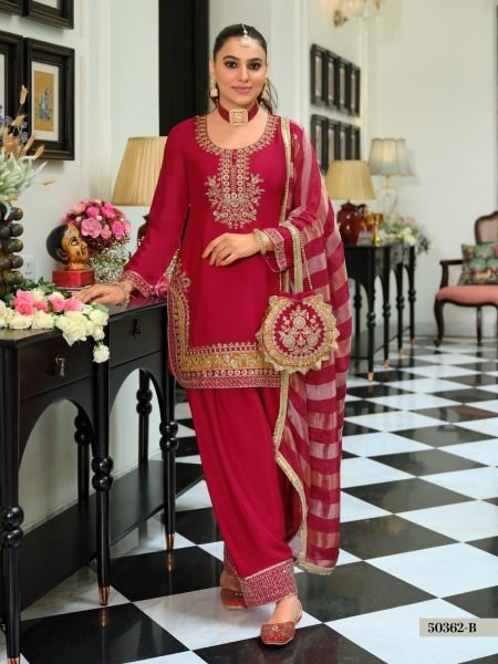 Contemporary Red Chinon Beads Embroidered Farshi Salwar Suit with Potli Salwar Kameez