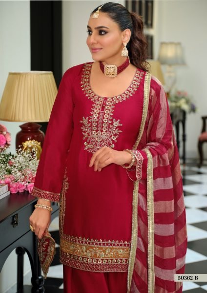 Contemporary Red Chinon Beads Embroidered Farshi Salwar Suit with Potli Churidar Salwar Suits Wholesale