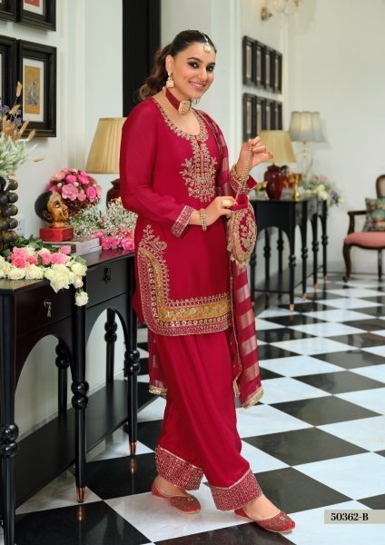Contemporary Red Chinon Beads Embroidered Farshi Salwar Suit with Potli Churidar Salwar Suits Wholesale