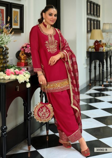 Contemporary Red Chinon Beads Embroidered Farshi Salwar Suit with Potli Churidar Salwar Suits Wholesale