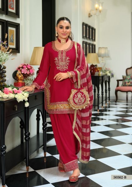 Contemporary Red Chinon Beads Embroidered Farshi Salwar Suit with Potli Churidar Salwar Suits Wholesale