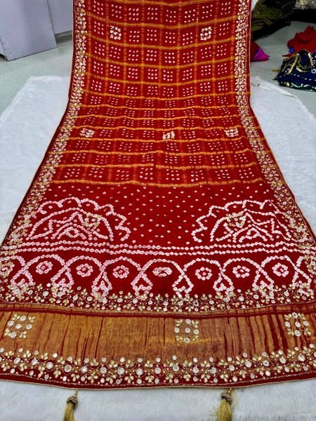 Contemporary Red Pure Gajji Silk Gharchola Saree with Hand Bandhani For Wedding Sarees 
