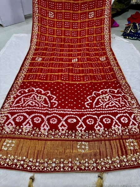Contemporary Red Pure Gajji Silk Gharchola Saree with Hand Bandhani For Wedding Bandhej Sarees Wholesale