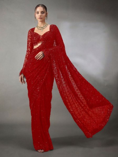 Contemporary Red Wedding Reception Special Sequins Saree with Heavy Pallu Embroidery Sarees 