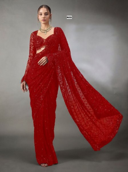Contemporary Red Wedding Reception Special Sequins Saree with Heavy Pallu Embroidery Bollywood Fancy Sarees Wholesale