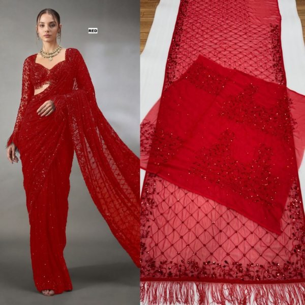 Contemporary Red Wedding Reception Special Sequins Saree with Heavy Pallu Embroidery Bollywood Fancy Sarees Wholesale