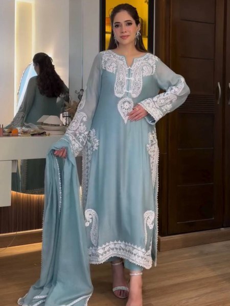 Contemporary Sky Blue Nylon Organza Silk Palazzo Suit with Embroidery Work Ready To Wear Suit