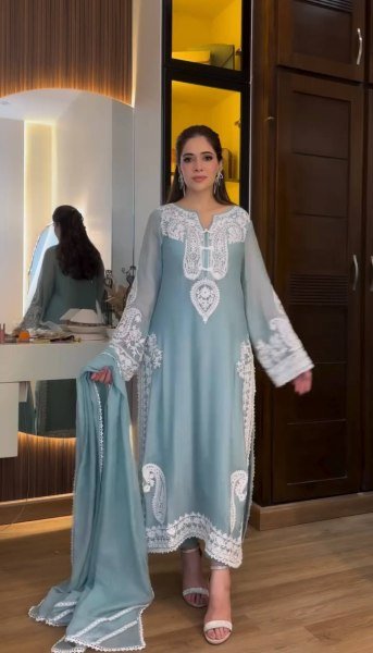 Contemporary Sky Blue Nylon Organza Silk Palazzo Suit with Embroidery Work Ready To Wear Collection