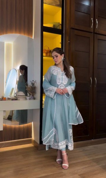 Contemporary Sky Blue Nylon Organza Silk Palazzo Suit with Embroidery Work Ready To Wear Collection