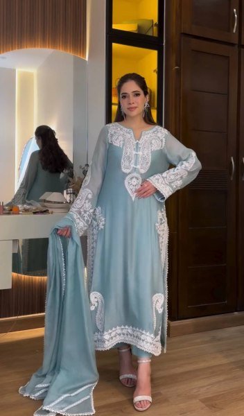 Contemporary Sky Blue Nylon Organza Silk Palazzo Suit with Embroidery Work Ready To Wear Collection