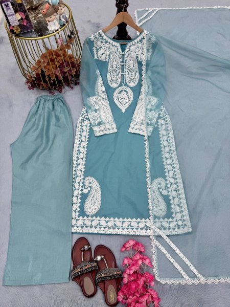 Contemporary Sky Blue Nylon Organza Silk Palazzo Suit with Embroidery Work Ready To Wear Collection
